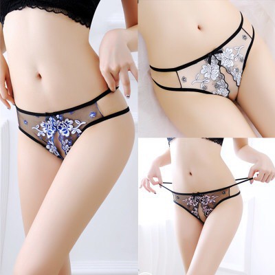 (COD) Pakaian Wanita G String Lace bordir Open Sexy pinggang Rendah Transparan Thong c085-