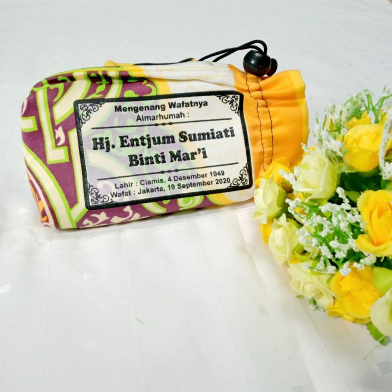 souvenir sajadah motif kerang+sablon dipouch(boleh pilih motif), sajadah travelling tahlilan/ pernikahan/pengajian