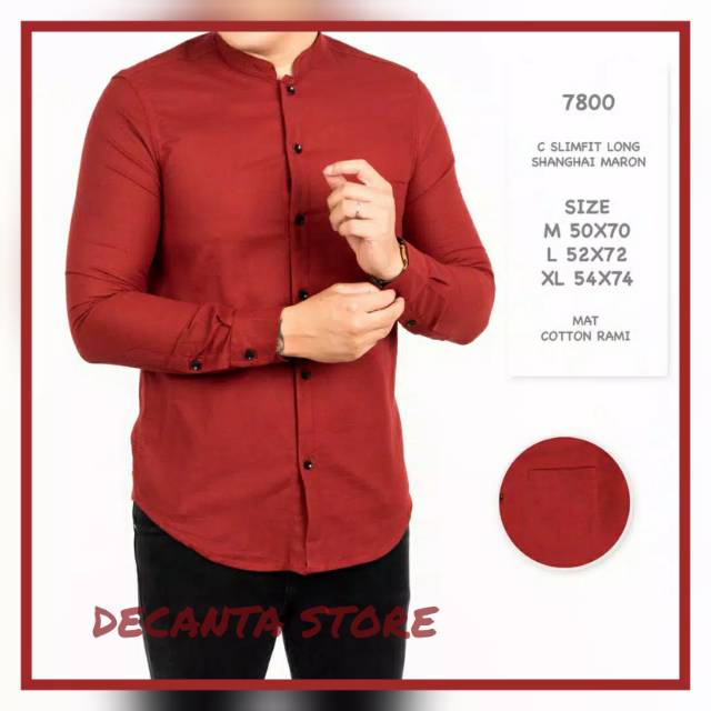 Kemeja Pria Slimfit Lengan Panjang Kerah Shanghai Koko Baju Kerja Kantor Maroon Merah