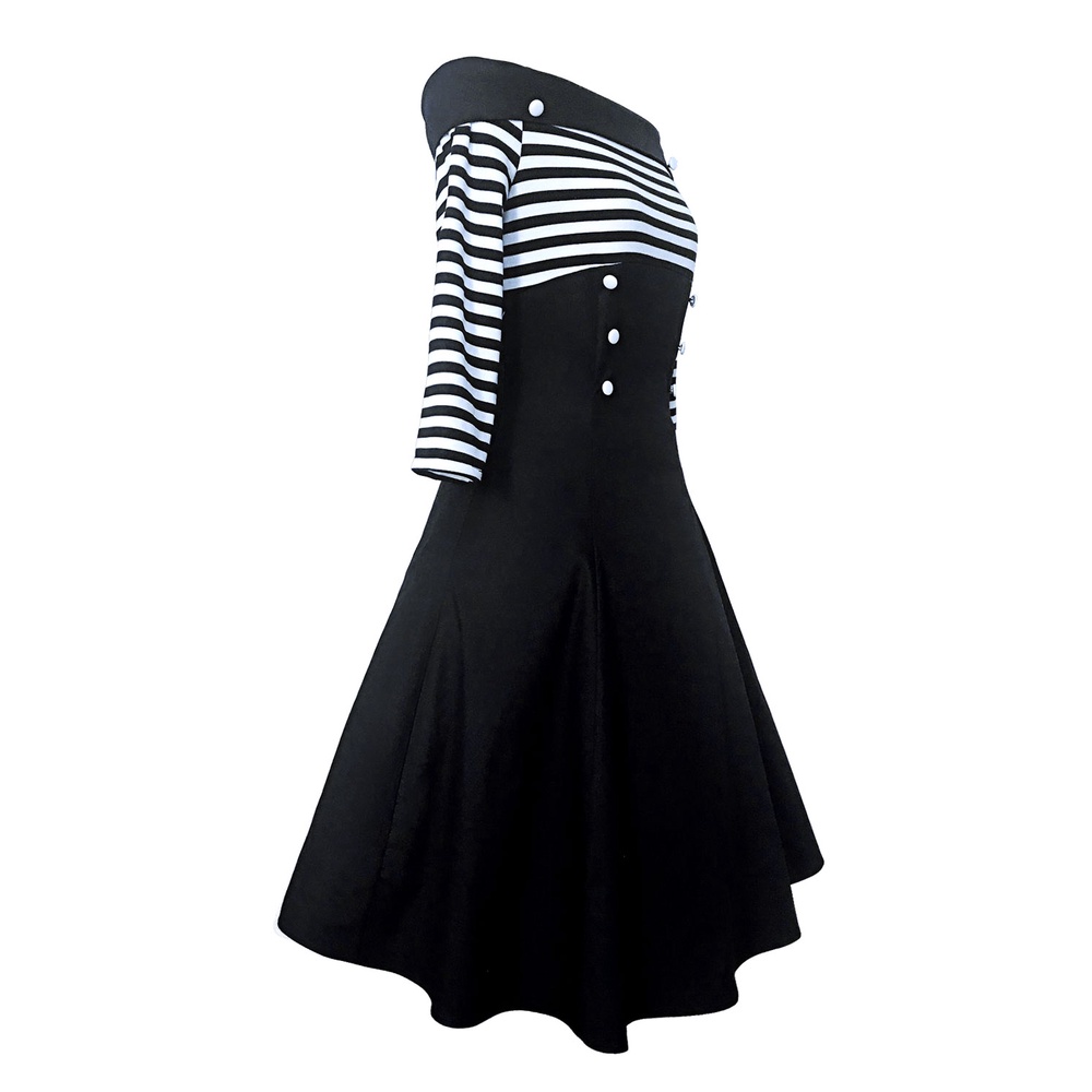 [S.T] [CLEARANCE] Women Retro Off Shoulder Stripe Pleated Mini Dress Wanita Bahu Terbuka 2723 (S-XXL)