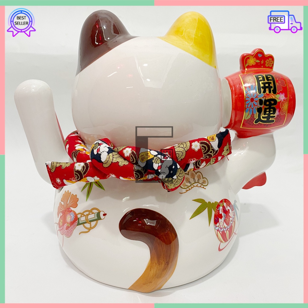 Pajangan Patung Hiasan Dekorasi Boneka Hadiah Kado Imlek Kucing Panggil Hoki Keberuntungan Lucky Cat Rejeki Rezeki Maneki Neko Maneko Neki Tangan Goyang Gerak Baterai Batre Batrai Batrei Listrik Cina Jepang Dekor Meja Toko Kasir Size Besar Jumbo Keramik