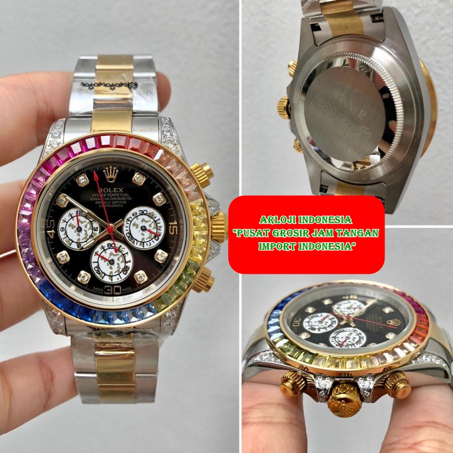 NEW Jam Pria ROLEX Daytona Rainbow Two Tone Gold Garansi 1th