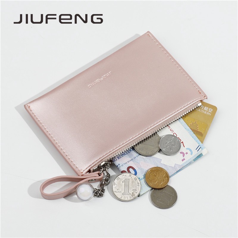 JIUFENG Dompet Kartu Bahan PU Aneka Warna Aksen Ritsleting untuk Wanita