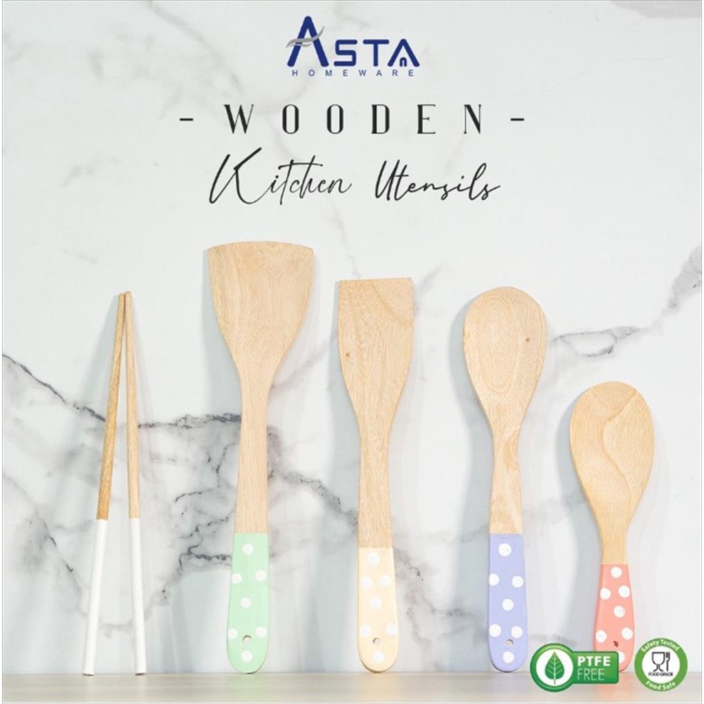 Asta Spatula Kayu Set - Wooden Spatula Set Kitchen Utensile 5 PCS Motif Polkadot