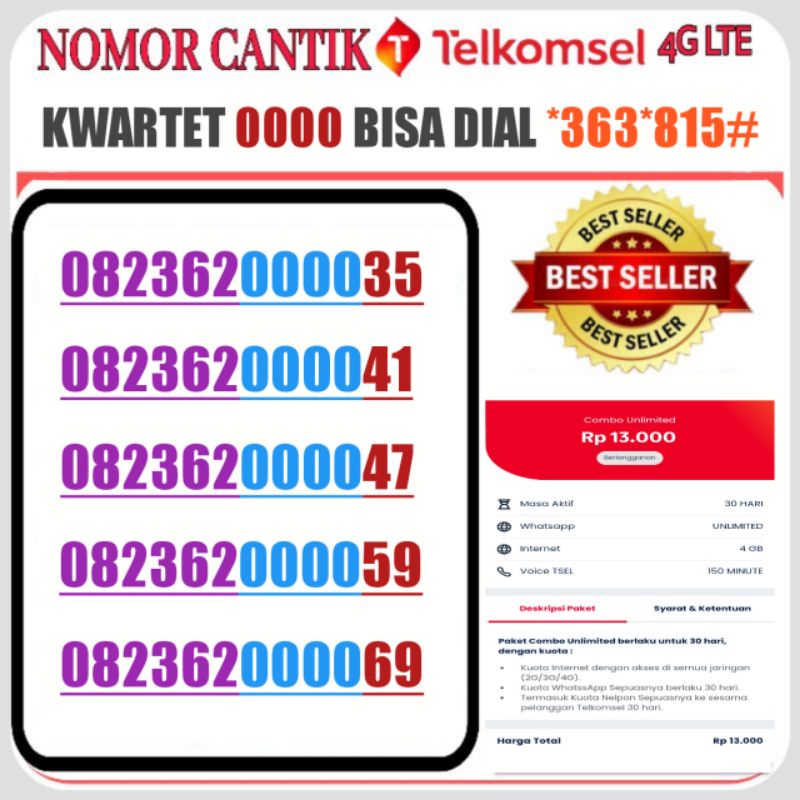 nomor cantik telkomsel kartu AS kwartet 0000 4G Lte
