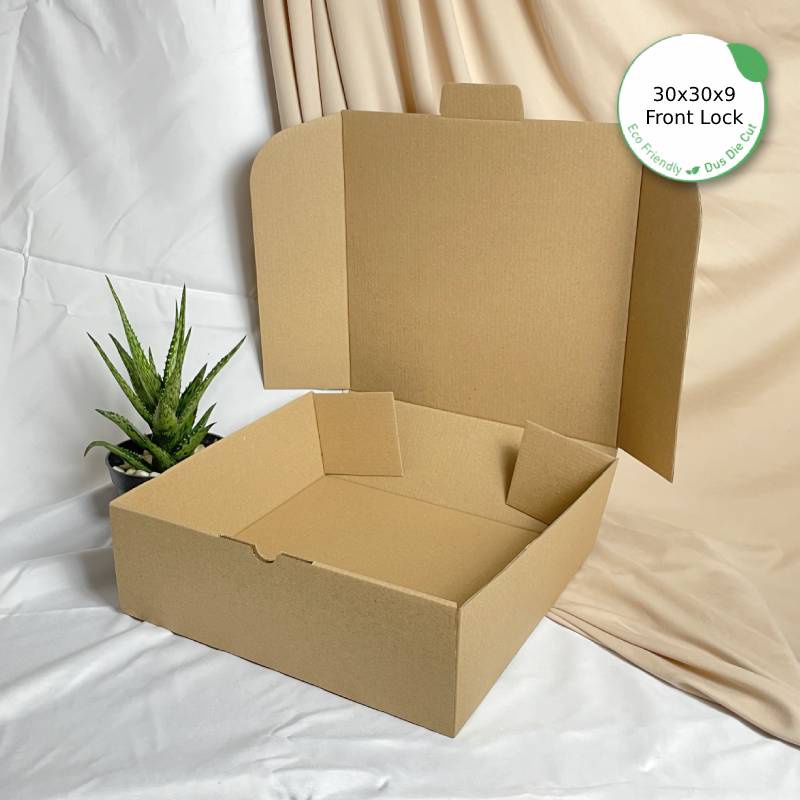 

Dus Packing 30x30x9 Die Cut Front Lock - Karton Box Kardus Eco-Friendly Pizza Kue Hijab Baju Hampers Besar