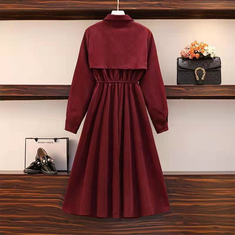 Large women's dress 2022 spring and autumn new fat sister Retro High Waist thin bow long sleeve midd