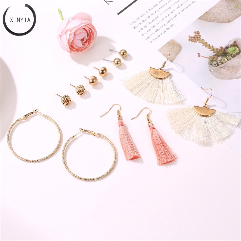 (6 Pasang / Set)Fringed Circle Pearl Kombinasi AntingBerlebihan Fashion Wanita Mengatur Anting