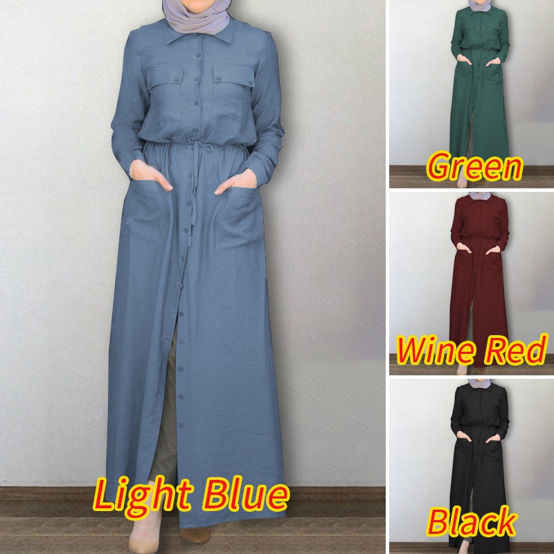 ZANZEA Women Long Sleeve Elastic waist Turn-Down-Collar Muslim Long Dress