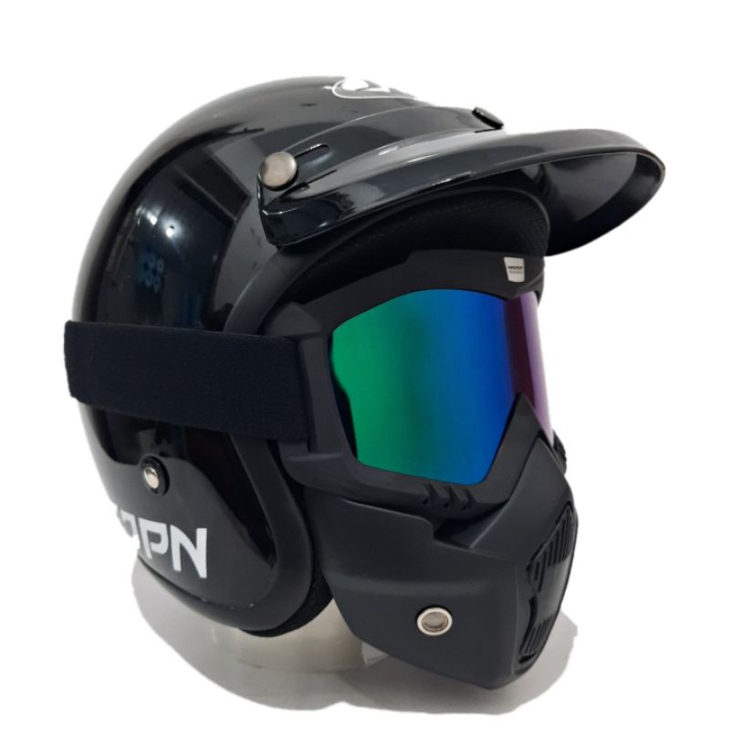 Helm Jpn Retro Hitam Gloss Dengan Goggle mask