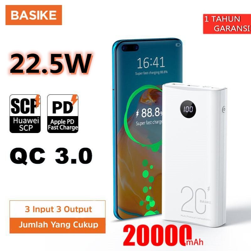 Powerbank 20000 mah 22.5W QC 3.0 PD 18W Power Bank Fast Charging Mini Murah Iphone LED Xiaomi Vivo BASIKE-BSK- PT208D 20000mah