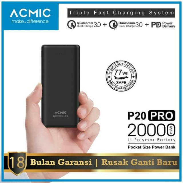ACMIC P20PRO 20000mAh Powerbank Quick Charge 3.0 PD Power Delivery - Hitam