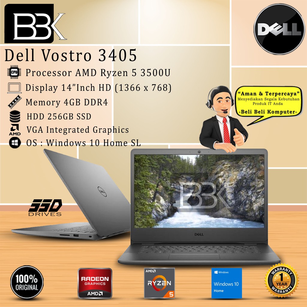 DELL Vostro 3405 14" AMD RYZEN 5 3500U 4GB 256GB W10HSL+OHS 1YR