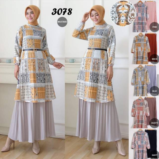 SETELAN ROK PLISKET DAN ATASAN TUNIK MOTIF IMPORT PREMIUM ORI MOSCA FREE BELT