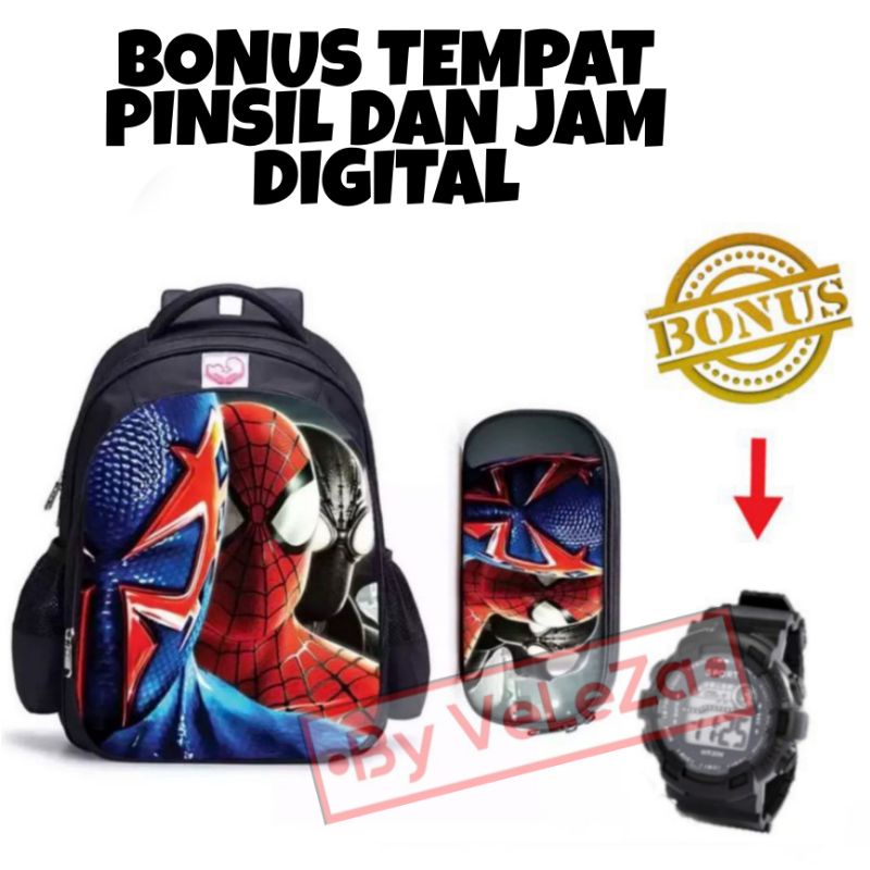 Tas ransel anak laki-laki karakter superhero gratis tempat pinsil jam tangan - tas anak