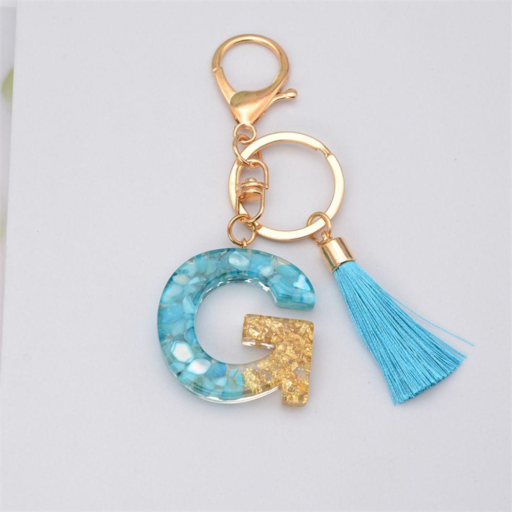 NEEDWAY 26huruf Gantungan Kunci Resin Fashion Biru Rumbai Liontin Ornamen Perhiasan Kristal Alfabet Key Chain
