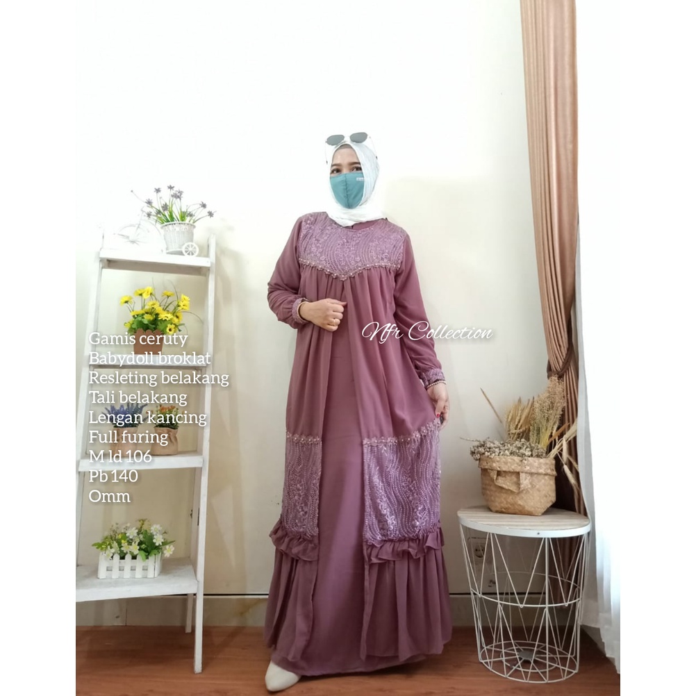 gamis ceruty babydoll kombinasi brukat full furing alyssa karen M ld 106 pb 140 jumbo XL ld 116