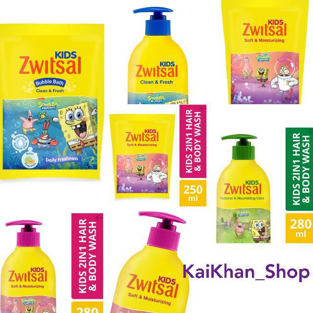 Zwitsal Kids Seri SpongeBob Bubble Bath &amp; 2in1 - Botol 280ml / Refill 250mL