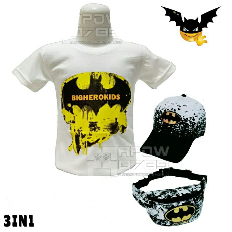 paket murah 3in1 baju kaos anak laki laki tas selempang anak topi anak motif batman usia 1-10 tahun waistbag anak kaos anak