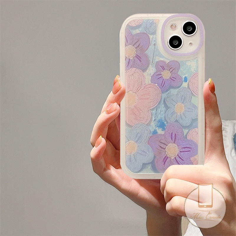 IPHONE Ins Fashion Retro Bunga Ungu Casing Ponsel Kompatibel Untuk Iphone11 7 8 Plus 12 13 11 14 Pro Max X XR XS Max 6 6s SE 2020 Plus Perlindungan Lensa Oval Soft TPU Cover