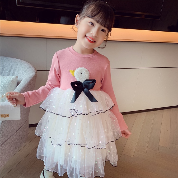 DC91-NEW Dress bayi/baju dress anak tutu lengan panjang import motif swan