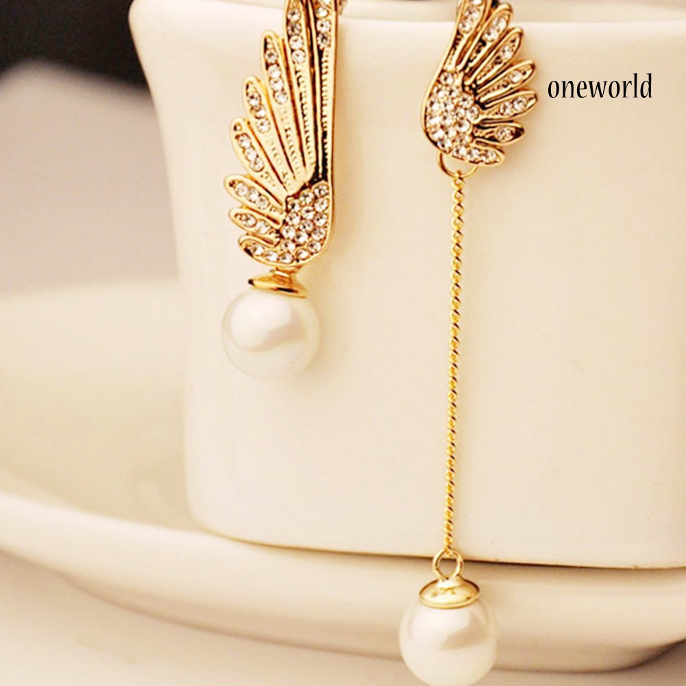 OW@ Asymmetric Rhinestone Inlaid Angel Wings Tassel Faux Pearl Women Stud Earrings