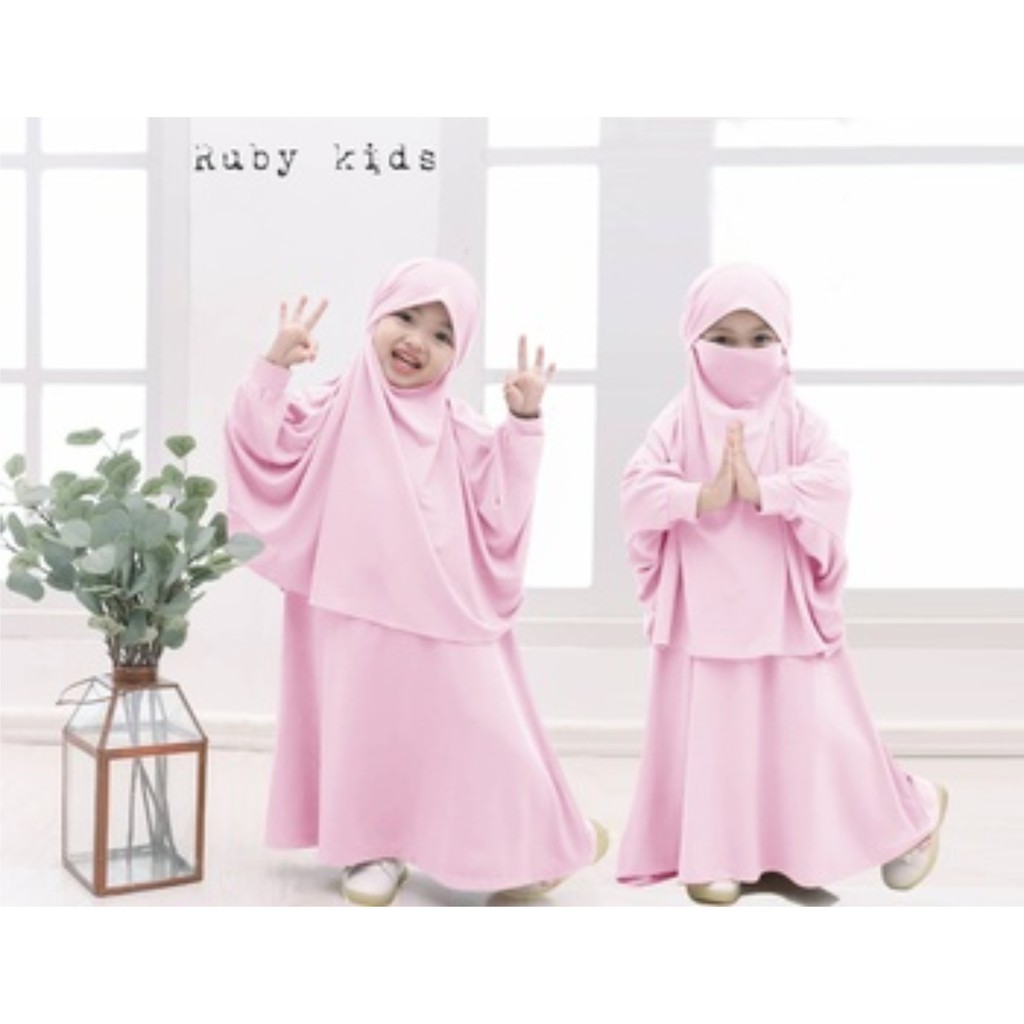 FenishaStore Baju Gamis Syar’i Jilbab Cadar Set Anak Perempuan Ruby Kids Usia 5-7 Tahun