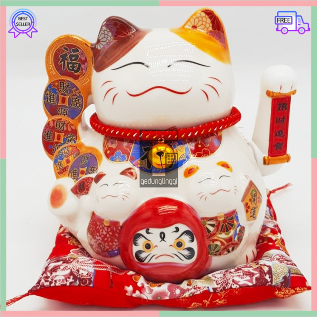 Pajangan Patung Hiasan Dekorasi Boneka Kucing Panggil Hoki Maneki Neko Maneko Neki Lucky Cat Rejeki Rezeki Keberuntungan Daruma Keramik Cina China Jepang Baterai Batrai Batre Listrik Tangan Gerak Goyang Hias Meja Etalase Toko Kantor Resto Cafe Kafe Murah