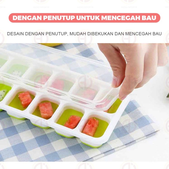 Cetakan Es Batu Silikon Kotak dengan Tutup - Ice Cube Tray isi 14