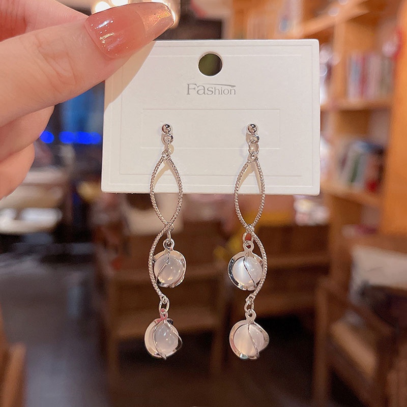 Anting Tusuk Gantung Panjang Bahan Sterling silver 925 Hias Opal Gaya Mewah Untuk Wanita