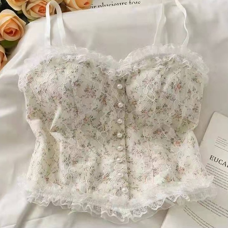 GO! BR747 Bra bh tanktop Crop Korean Lace Floral Vintage wanita Motif Bunga retro gaya korea