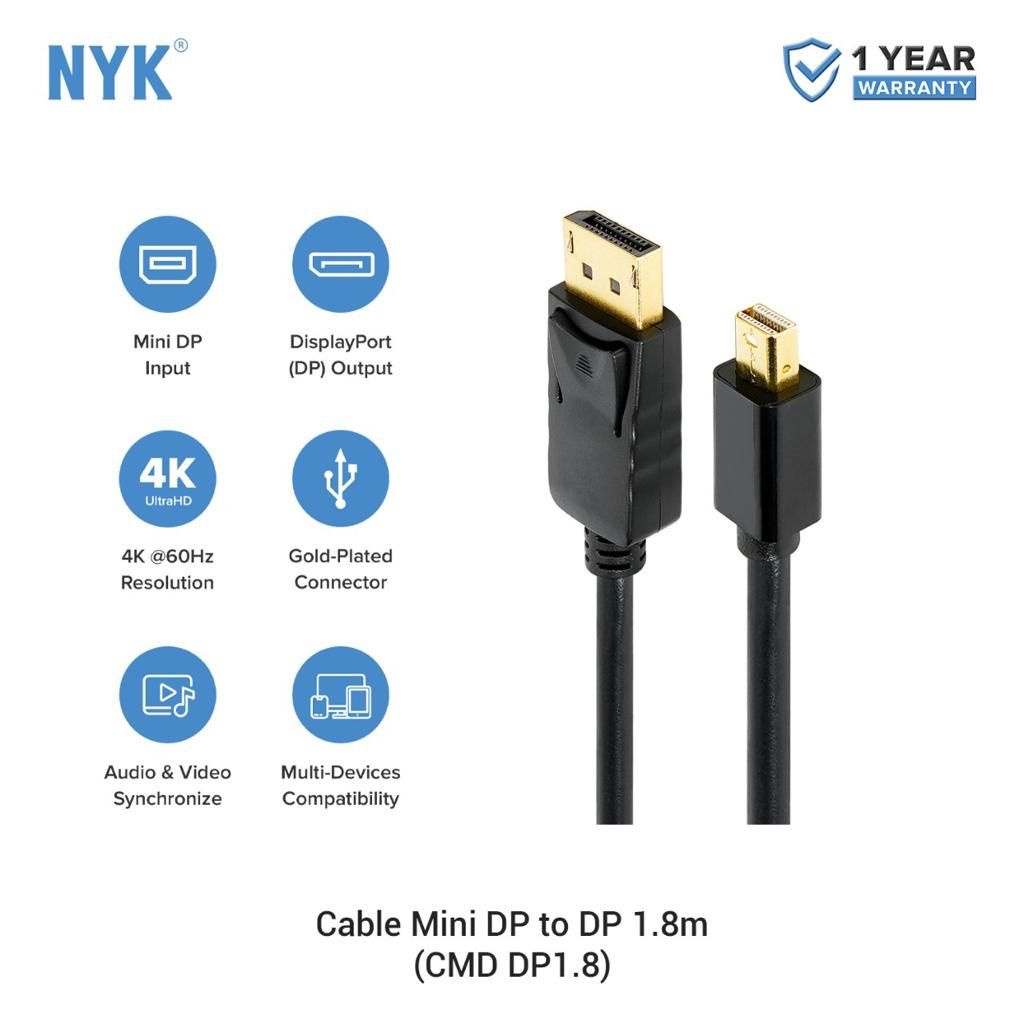 NYK Kabel Mini Display Port to Display Port 1.8m - Gold Plate 4K