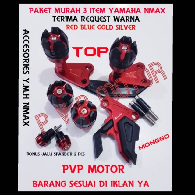 PAKET 3 ITEM YAMAHA NMAX JALU SLIDER PELINDUNG KNALPOT,TUTUPBKALIPER NMAX,JALU AS JUMBO DEPAN