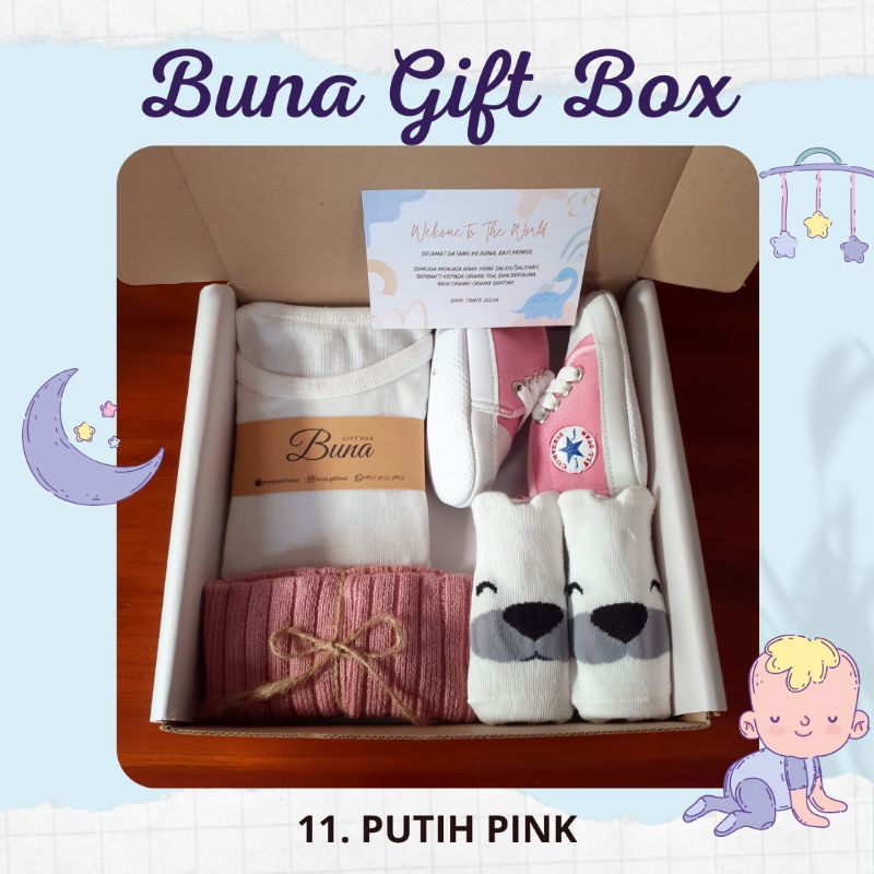 Buna Giftbox / Hampers Bayi / Kado Bayi / Parcel Bayi / Kado Bayi Laki Laki / Kado Bayi Perempuan / Parsel Bayi / Baby gift / Baby Gift Set / Gift Box / Hampers Newborn / Elmer Living-11. PUTIH PINK