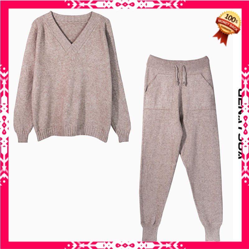Sweater Setelan Wanita Genayooa V Neck Pullover Knitted Tracksuit Women Spring Winter Two Piece Set 