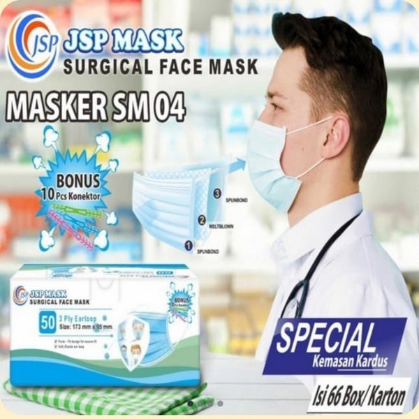 MASKER MEDIS JSP 3 PLY 1 BOX ISI 50 PCS SURGICAL MASK EARLOOP FREE CONEKTOR UNTUK EARLOOP