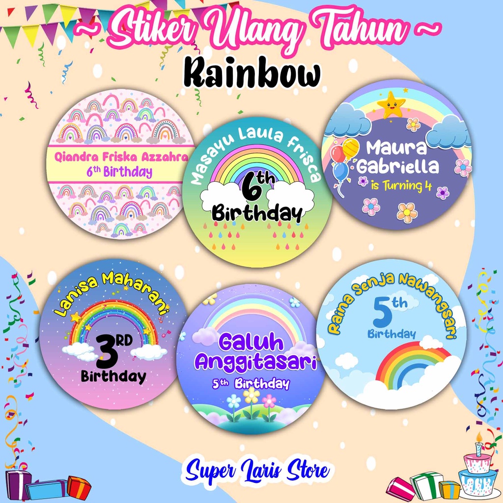 

SuperLarisStore Stiker Ulang Tahun Tema Rainbow Pelangi Stiker Ultah Label Birthday