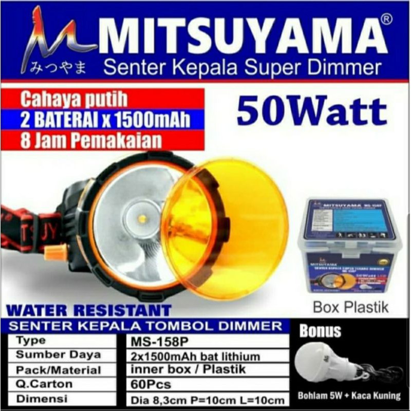 Senter Kepala LED 50Watt Mitsuyama Super Dimmer + Bohlam 5Watt / Headlamp LED 50Watt
