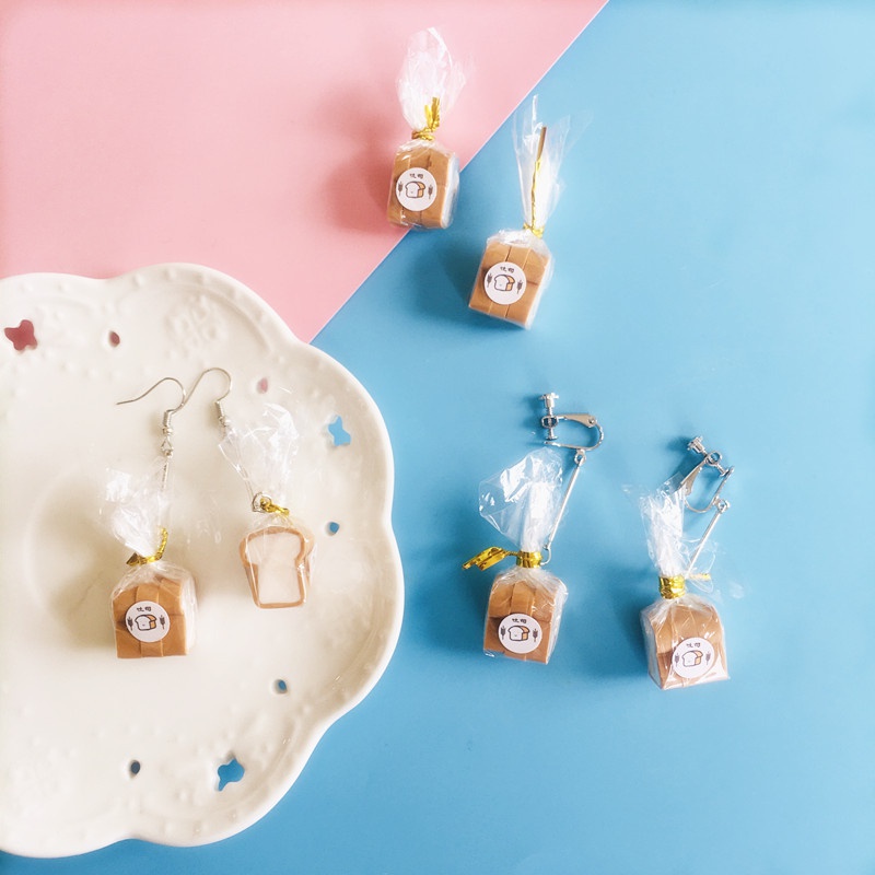 LVN- Creative Handmade Mini Simulation Toast Bread Drop Earrings Ear Clip Women Fashion Jewelry