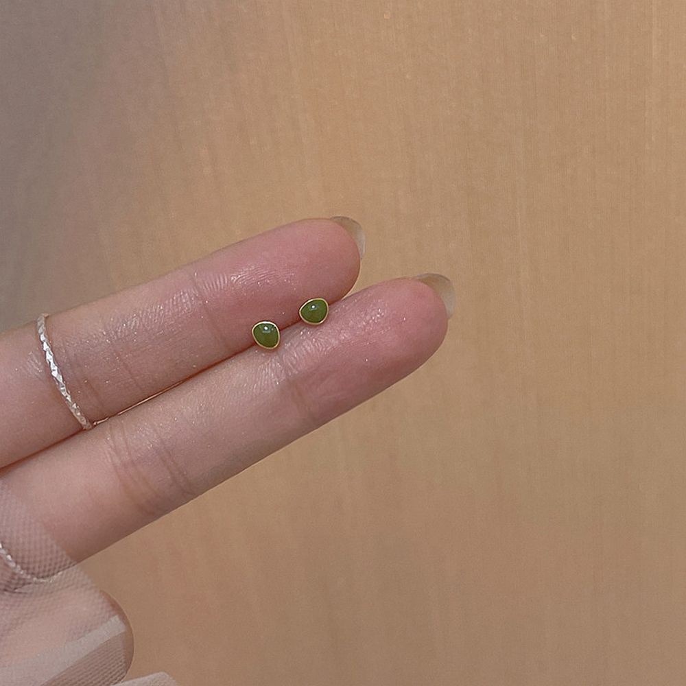 Anting Stud Mini Bentuk Tetesan Air Opal Geometris Warna Hijau Gaya Korea Simple Minimalis Untuk Wanita