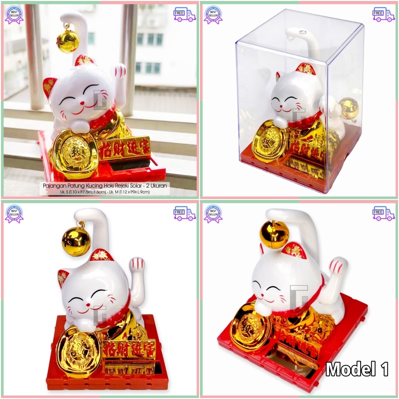 Patung Pajangan Boneka Hiasan Mainan Kucing Hoki Lucky Cat Maneki Neko Maneki Neko Dewa Chaisen Chai Cai Sen Caisen Ye Dewi Rejeki Rezeki Keberuntungan Tangan Goyang Gerak Bergerak China Cina Jepang Dashboard Mobil Mini Kecil Solar No Baterai Batrei Batre