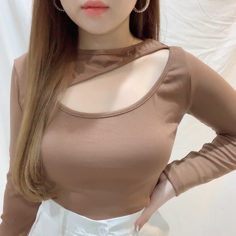 Rib Asymmetric Cut Out Long Sleeve Top | Rib Knit Lengan Panjang Atasan Wanita Korean Fashion | Maimon Grosir