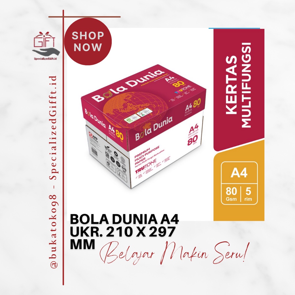 

Bola Dunia HVS Kertas Fotocopy 80 GSM A4 - 1 BOX = 5 Rim