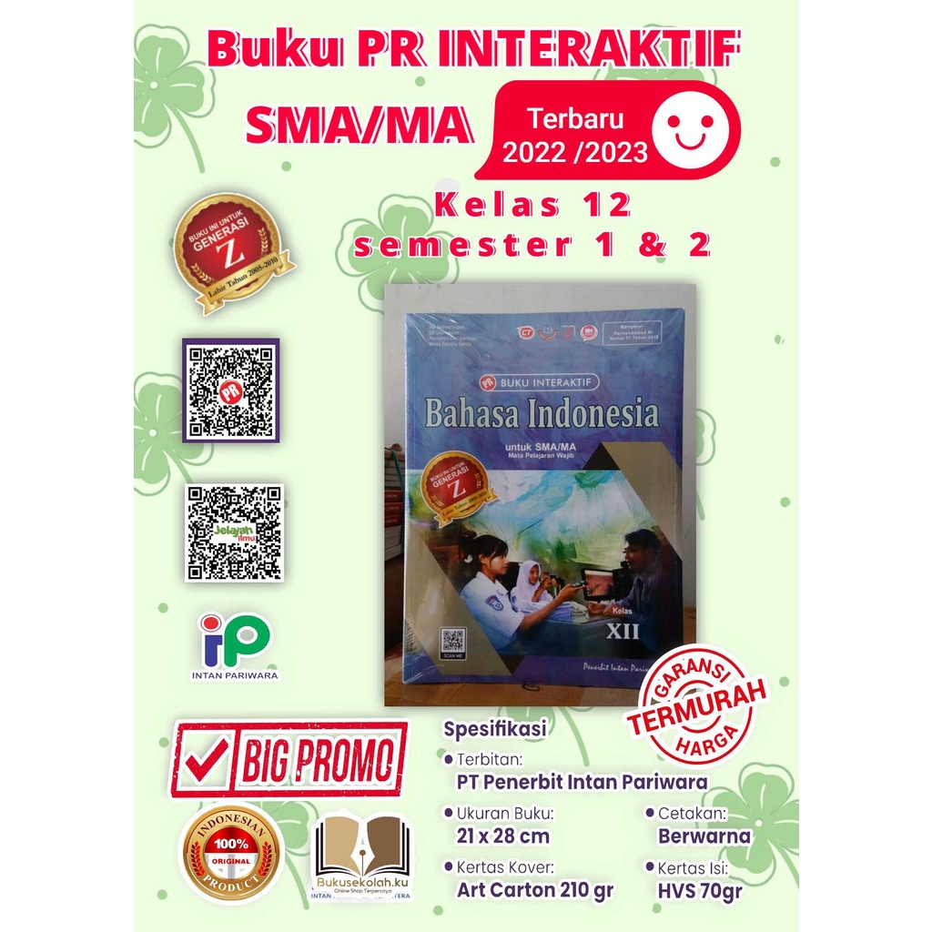 diskon BUKU PR INTERAKTIF BAHASA INDONESIA KELAS 12 SEMESTR 1 & 2 terbaru 2022/2023 INTAN PARIWARA