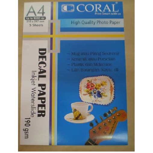 

Termurah Coral Decal Paper Inkjet Waterslide A4 190 Gr (Pack=5 Sheet) Offic