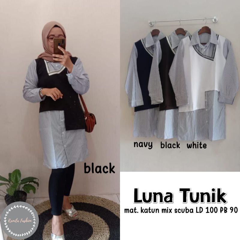 Luna Tunik - Atasan Wanita Dewasa Bahan Katun Mix Scuba Motif Salur Polos