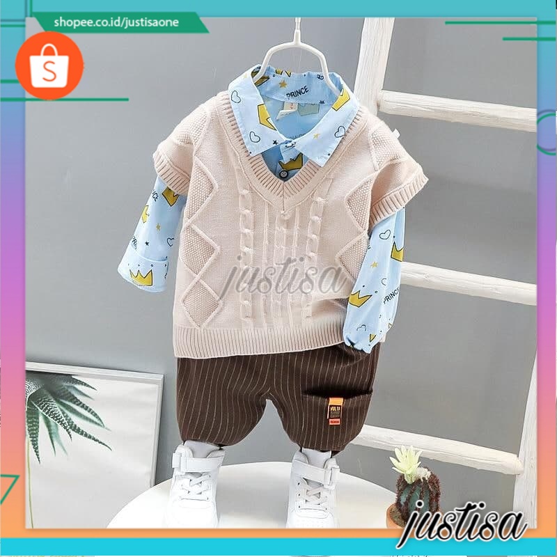 Promo !! Setelan baju anak cowok / setelan 3in1 crown prince vest rajut ukuran  1-3tahun / Setelan formal anak import /Oneset baju anak keren
