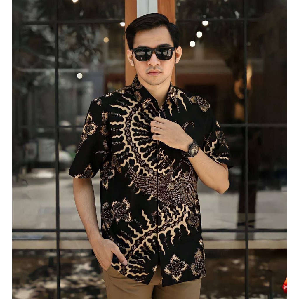 Kemeja Batik Pria Lengan Panjang M L XL XXL Klabang Hitam