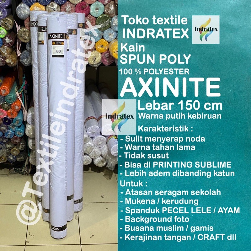 ( per 1 roll ) Kain putih SPUN POLY AXINITE polyester tetoron katun TC rollan Lebar 150 bahan kemeja hem baju seragam sekolah kerja muslim koko gamis dress gaun tunik printing sublim sublime sejadah spanduk furing lapisan brukat tile daleman tas tote bag