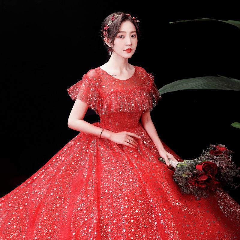 154 Red Bling BLing Short Sleeve Long Tail Women Bridal Wedding Gown Dress